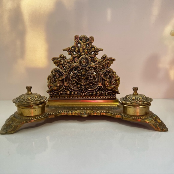 Vintage Ornate Gold Inkwell Set - Picture 5 of 6